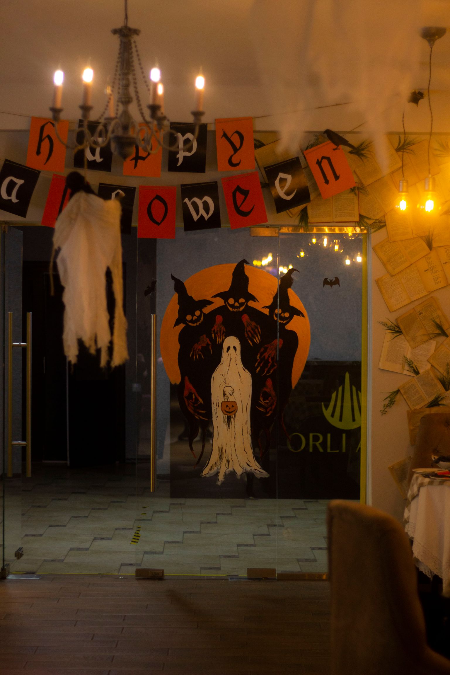 A compact room with reusable Halloween decorations