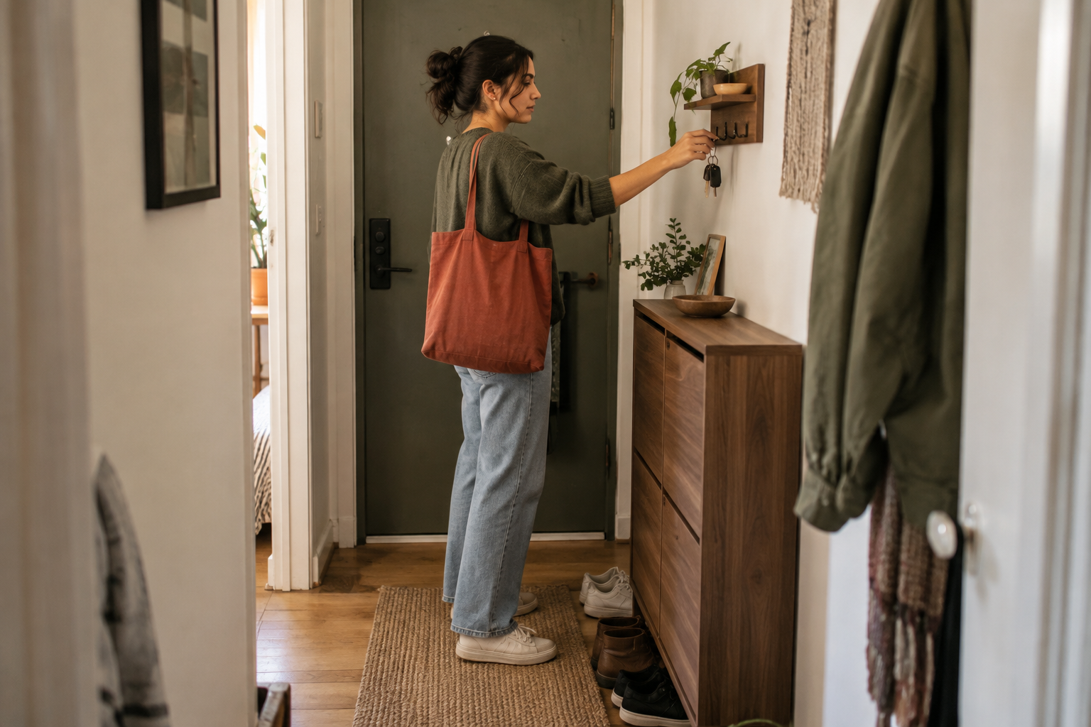 A renter placing keys beside slim shoe storage in a narrow apartment entryway