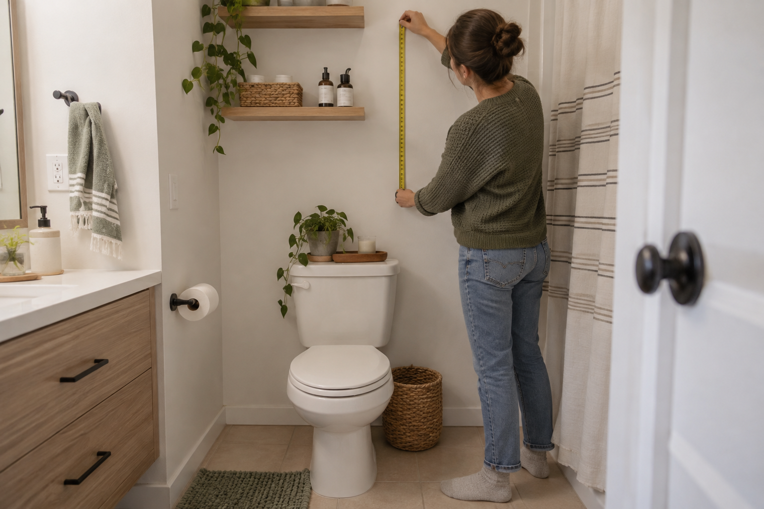 A renter measuring wall clearance above a toilet before choosing bathroom storage