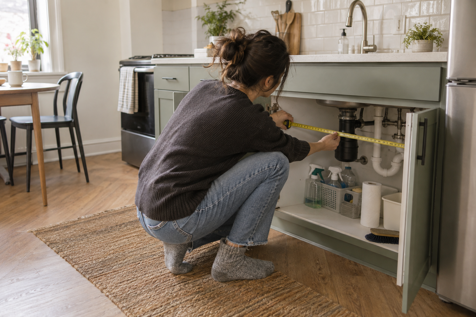 A renter measuring the plumbing inside a small kitchen sink cabinet before adding organizers