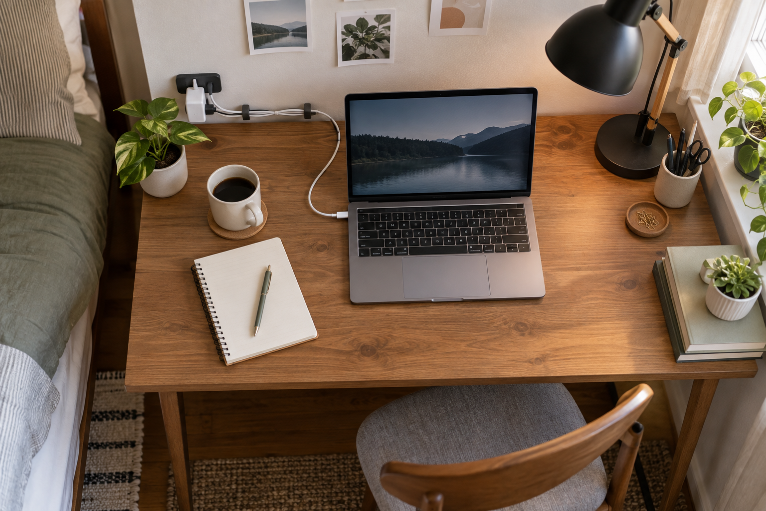 A compact wooden desk with a calm visible charging route and reusable cable ties