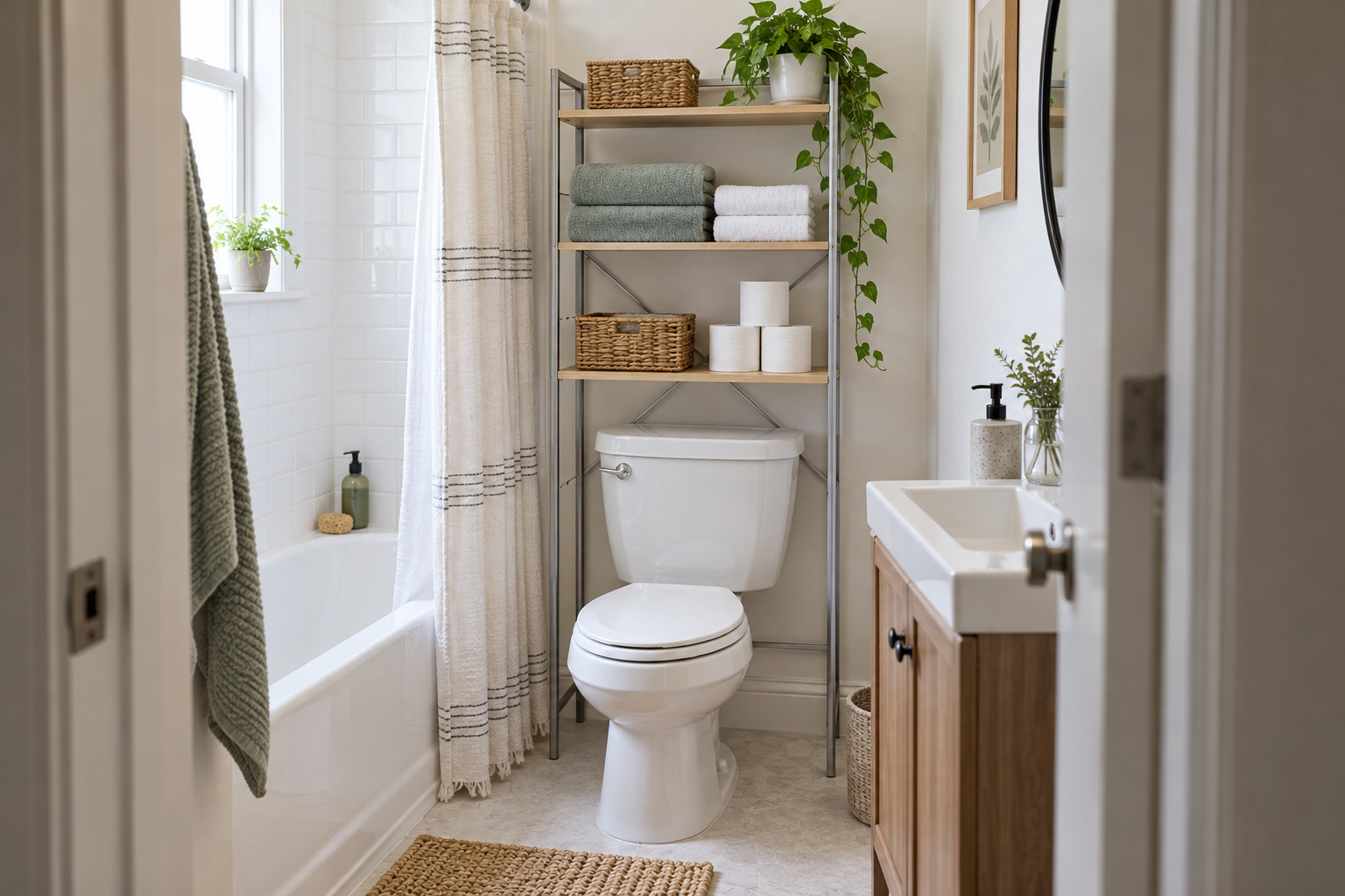 A finished over-toilet shelving unit with towels and clear tank access
